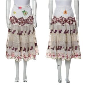 JULIET DUNN Floral Embroidered Beaded Tiered Ruffle Boho Midi Skirt NWT